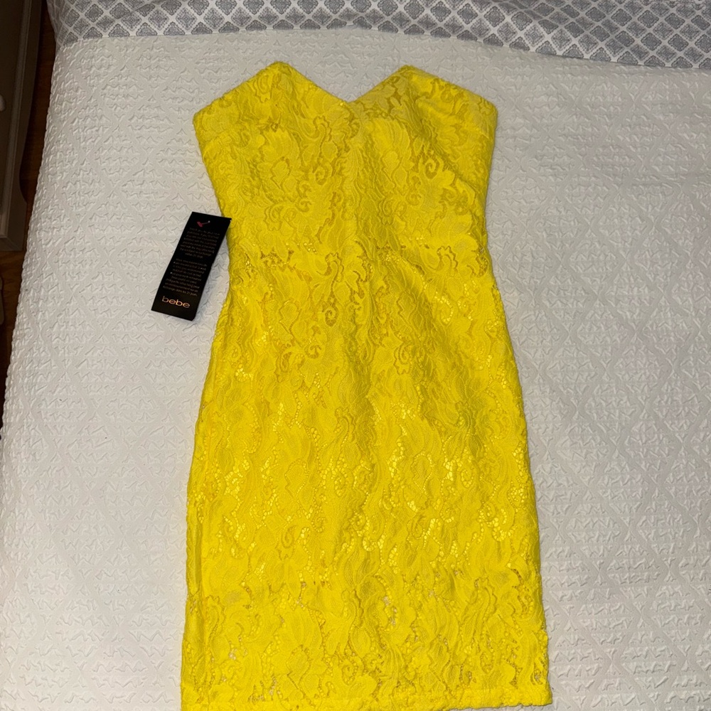bebe Strapless Midi Yellow Lace Dress